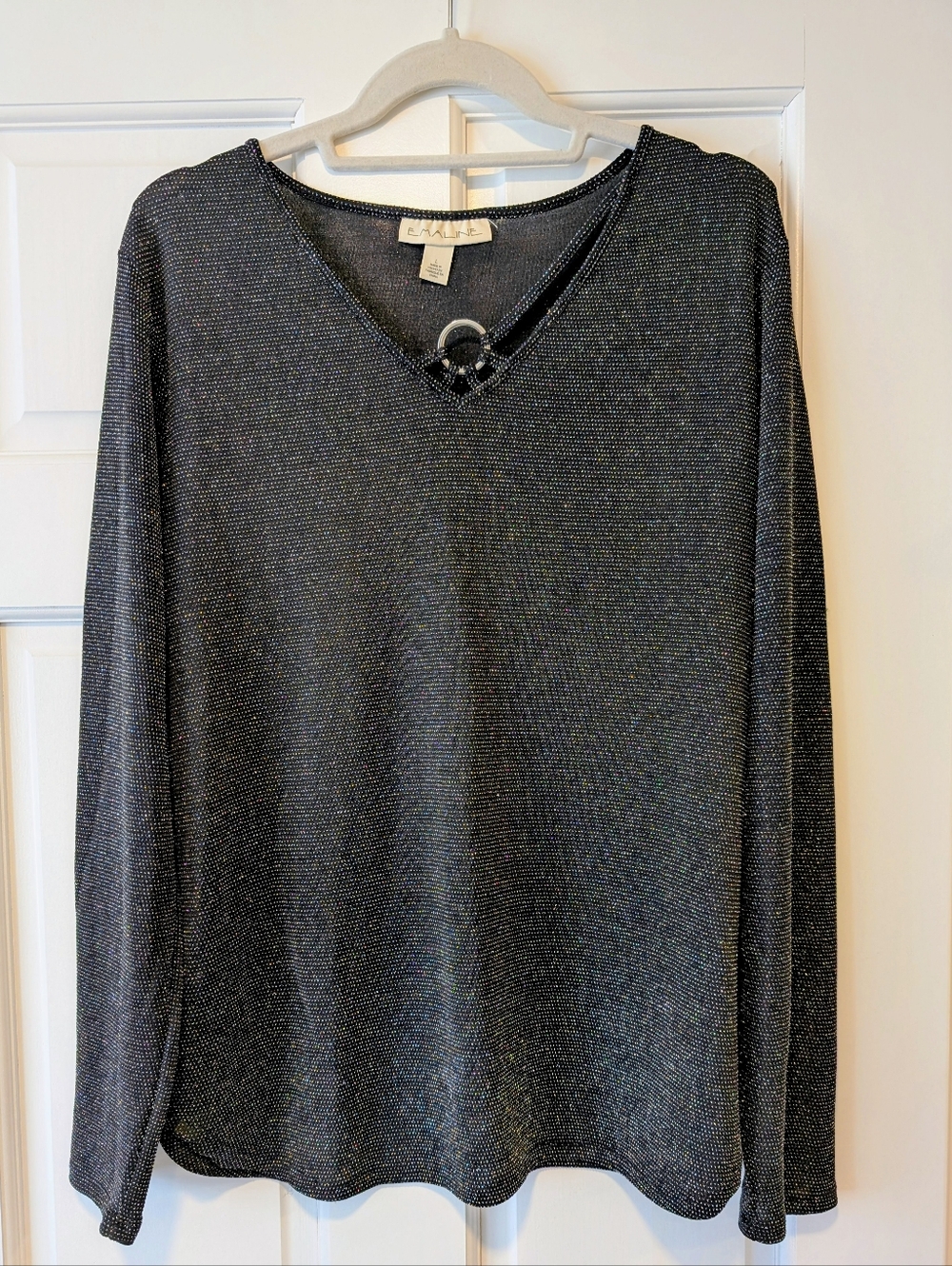 Emaline Black Sparkly Long Sleeve Top w/ Ring Detail Size L